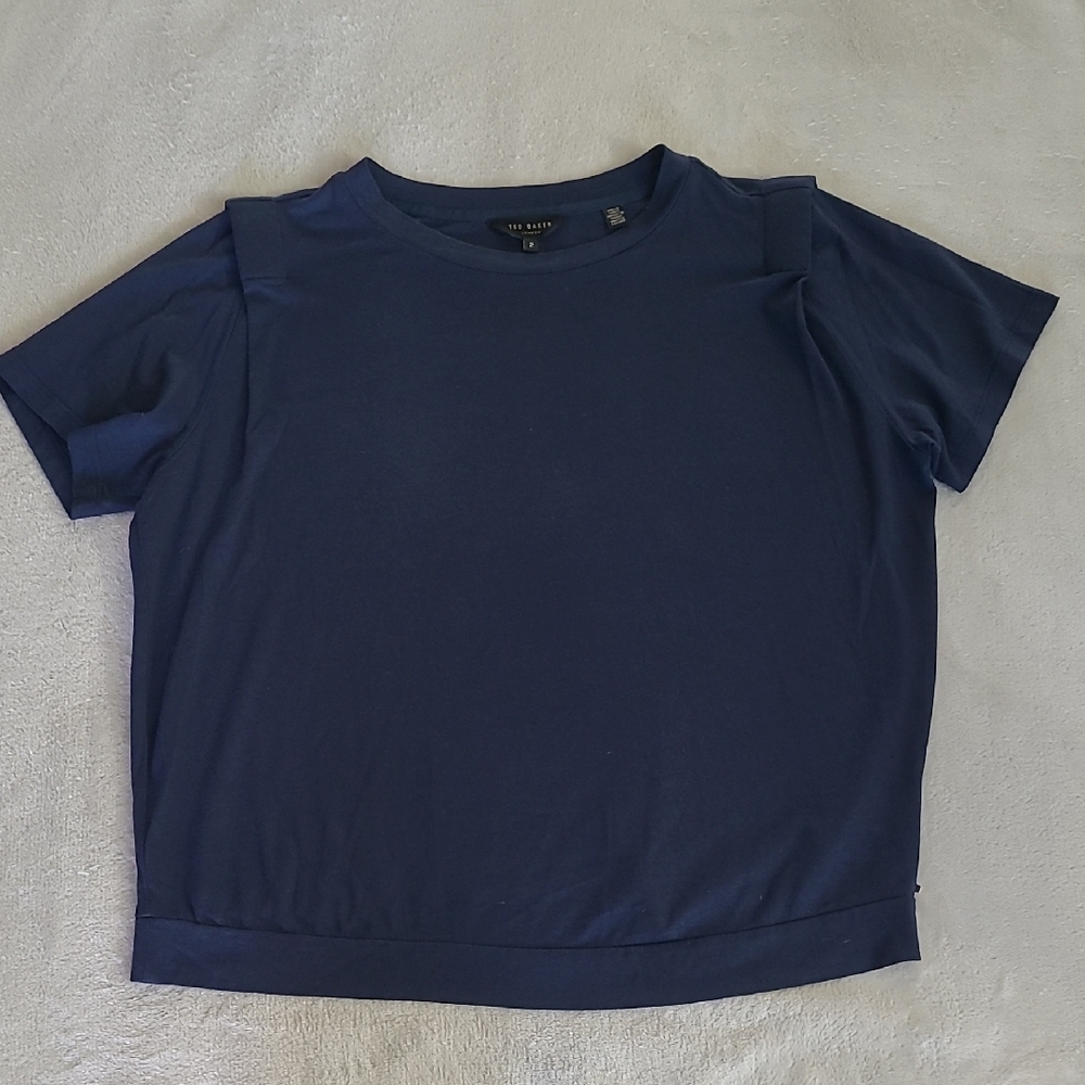 Ted Baker Top Blue Pleated Shoulder Tee Minimalist Chic Stretch Size 2 Casual